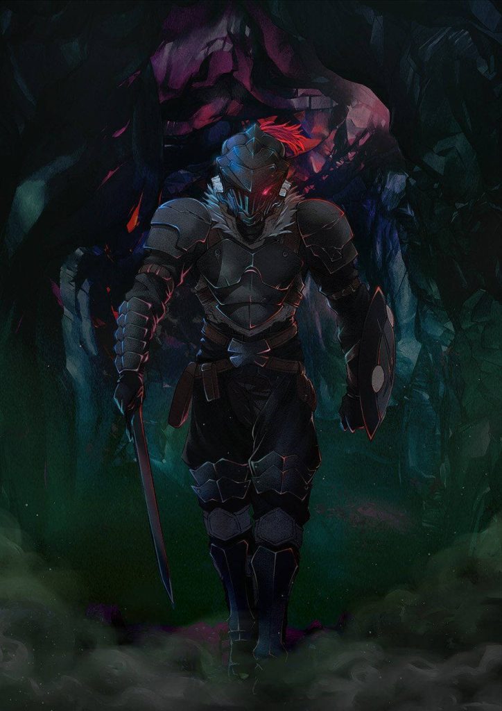 Goblin Slayer wallpaper showing armored warrior with glowing red eye in misty cave background