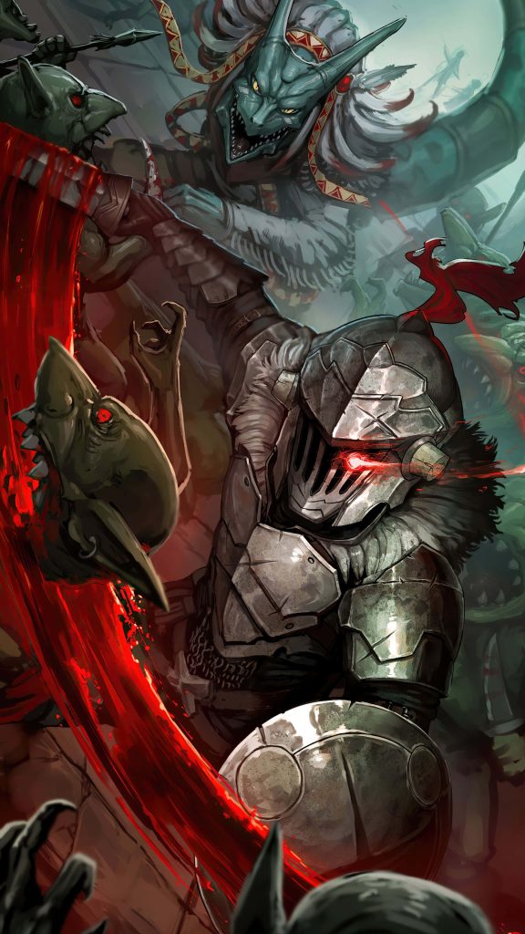 Goblin Slayer anime wallpaper showing armored hero battling goblins with dark fantasy style