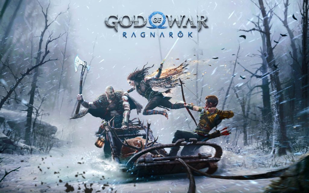 Kratos Atreus and Freya on sleigh ride snowy forest God of War Ragnarök winter wallpaper background