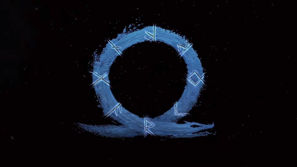 God of War Ragnarok wallpaper with glowing icy blue Omega symbol and Nordic runes on black background