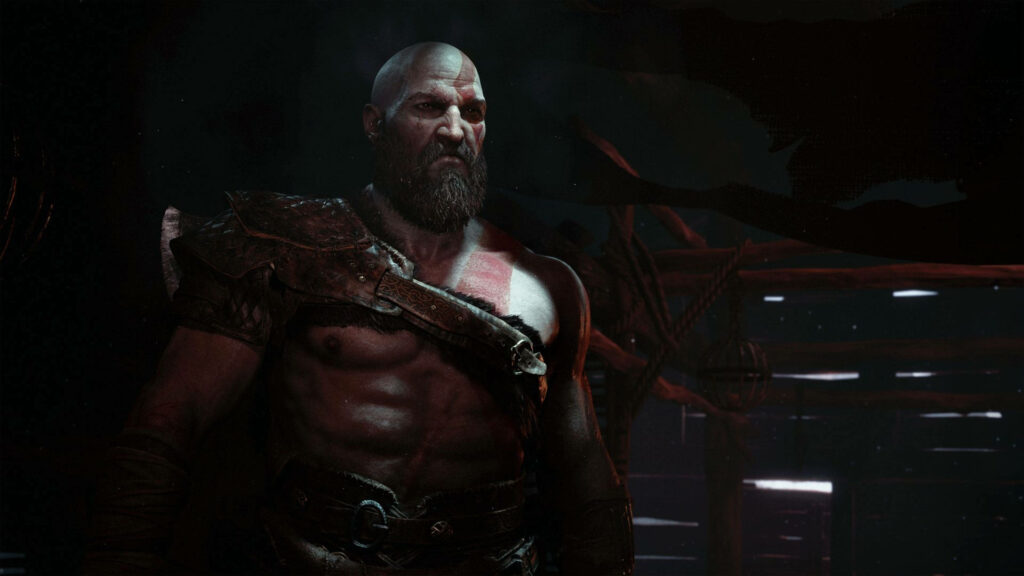 Furious Kratos dons his mythical armor in an immersive God of War shot, setting the tone for the ultimate gaming experience on PS4 - Epic Dark Room Background Wallpaper