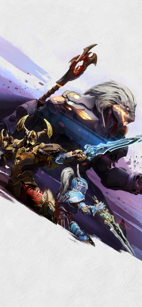 Godfall Warriors Unleashed: Mighty Trio Brandishes Weapons against a Serene White Backdrop Wallpaper