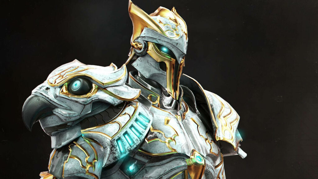 The Mighty Godfall Warrior Shines in Alluring White Armour Against a Mysterious Abyss Wallpaper