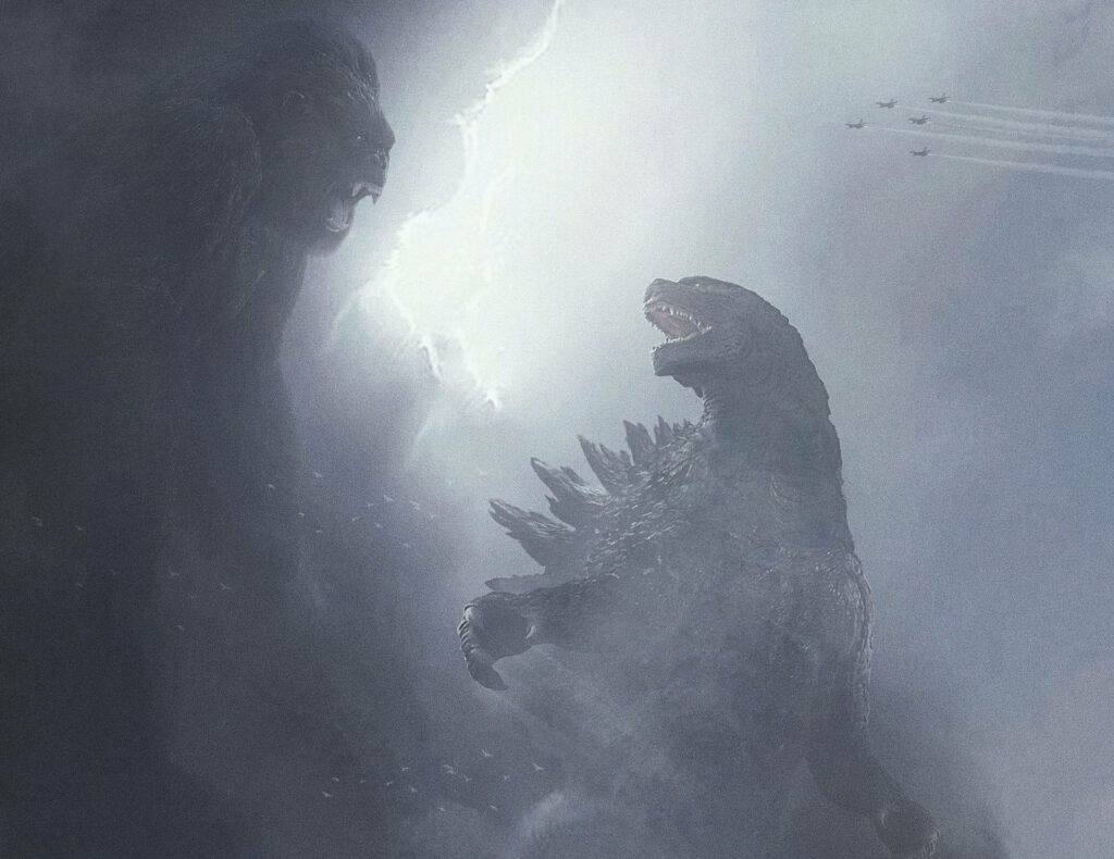 Monstrous Rivalry: The Ultimate Showdown Between Godzilla and Kong in the Cityscape Wallpaper
