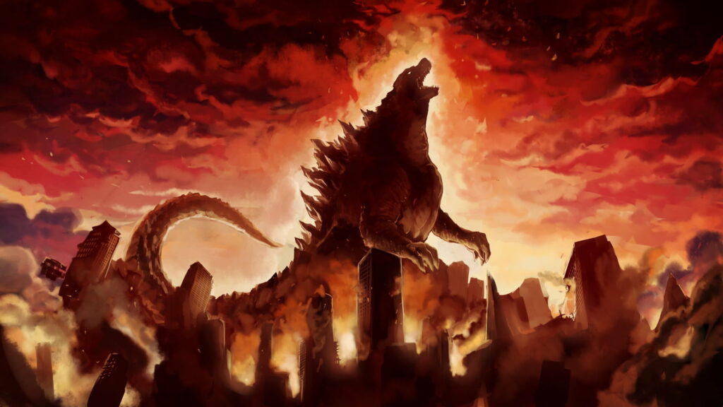 Godzilla roaring over burning city skyline at fiery red sunset with smoke and urban destruction Wallpaper