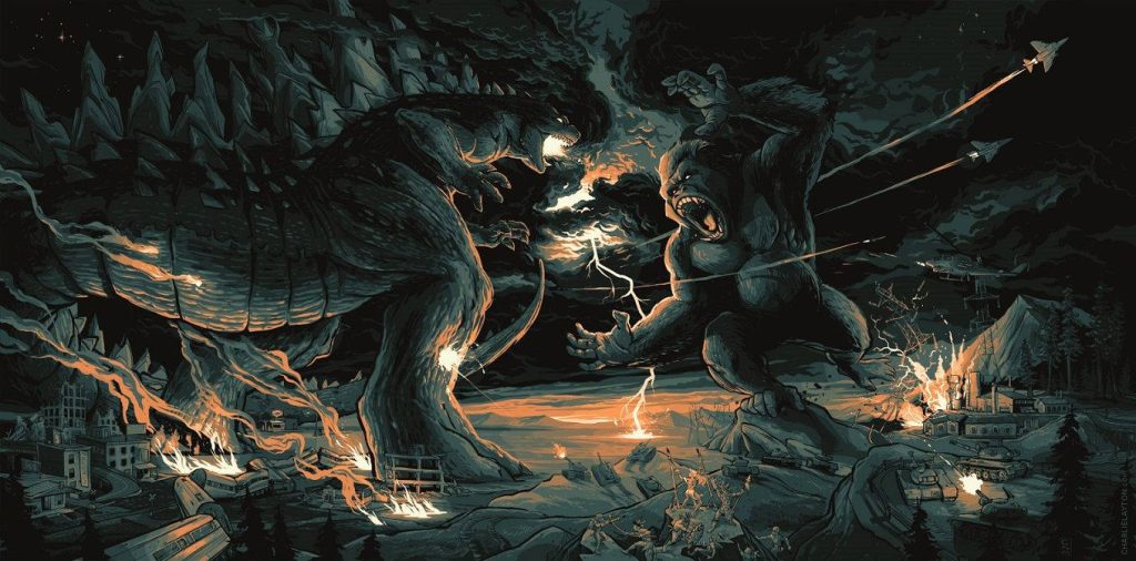 Godzilla versus Kong epic battle fiery war zone with military forces cinematic wallpaper background