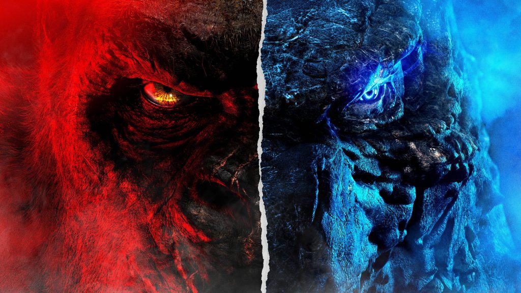 Epic Godzilla vs Kong wallpaper split design Kong red face Godzilla blue scales MonsterVerse background