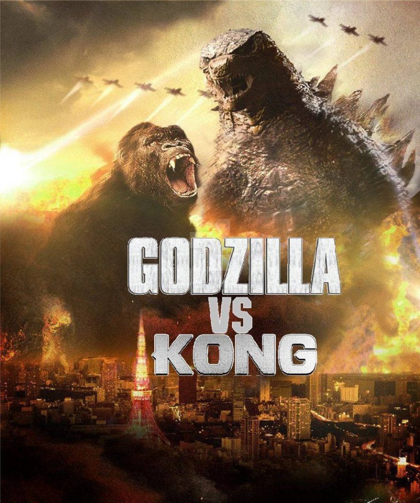 Godzilla and Kong roaring over burning city with fighter jets epic monster battle wallpaper