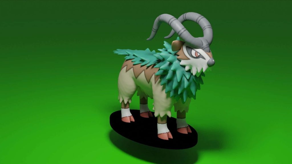 3D CGI render of detailed Gogoat Pokémon figure with curved horns on black base and green background Wallpaper