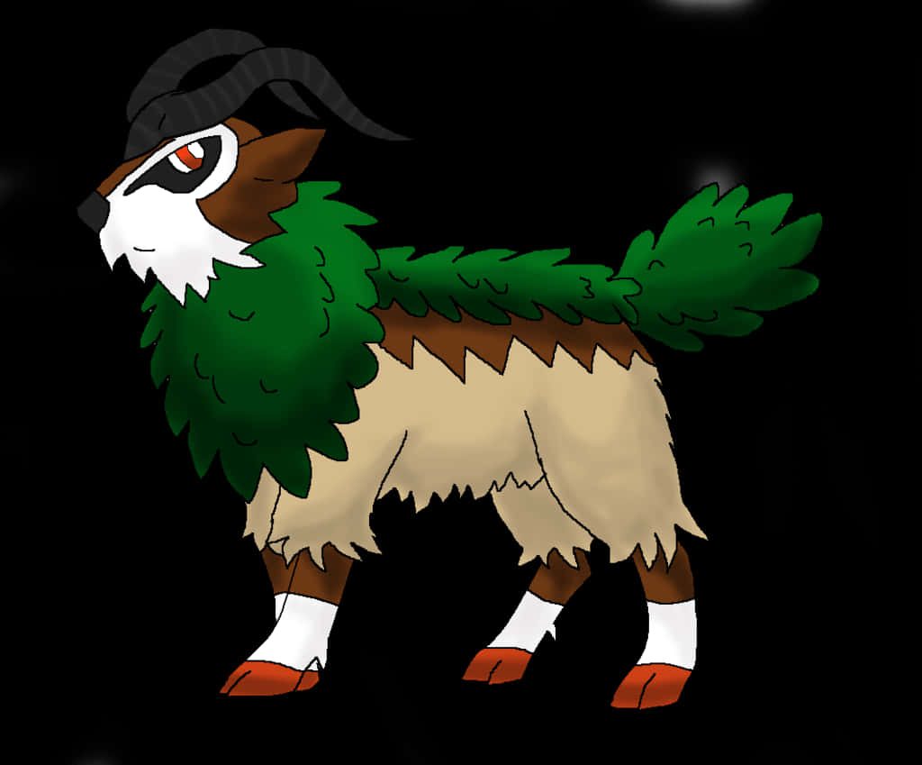 Digital fan art of Grass-type Pokémon Gogoat side profile with horns leafy mane on black background Wallpaper