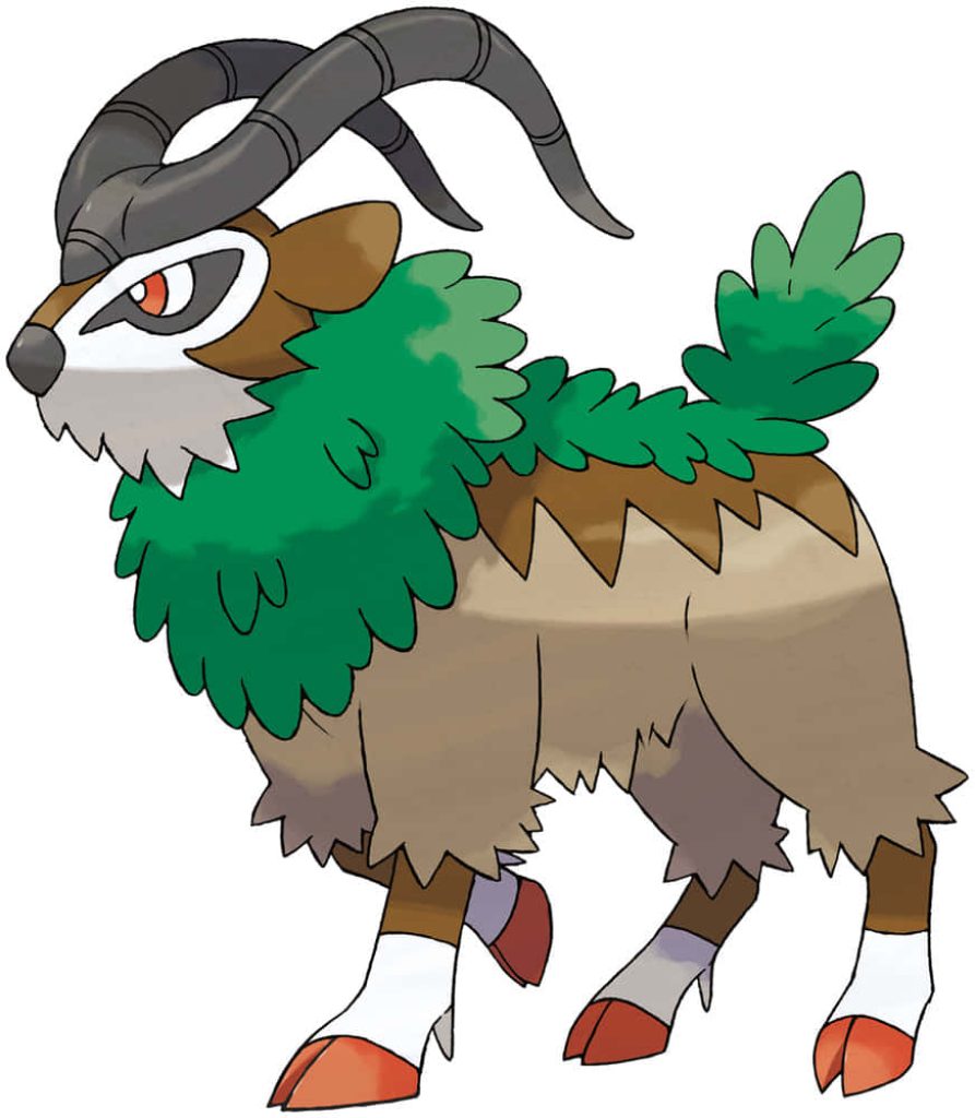 Gogoat side profile digital illustration with green leafy mane large horns on white background wallpaper