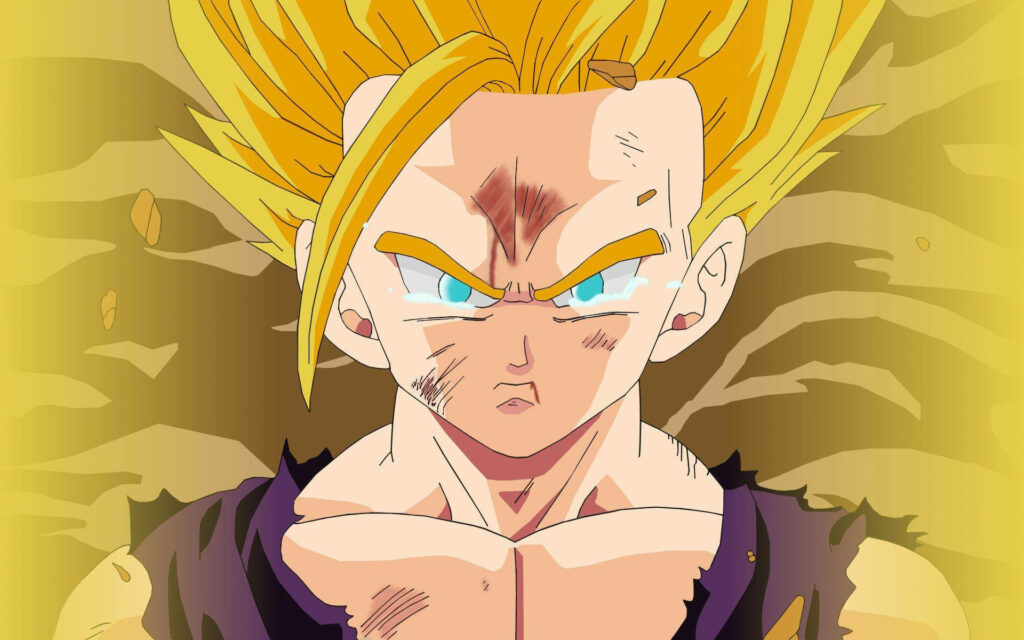 Gohan Super Saiyan 2 intense battle pose glowing golden aura Dragon Ball Z anime wallpaper background