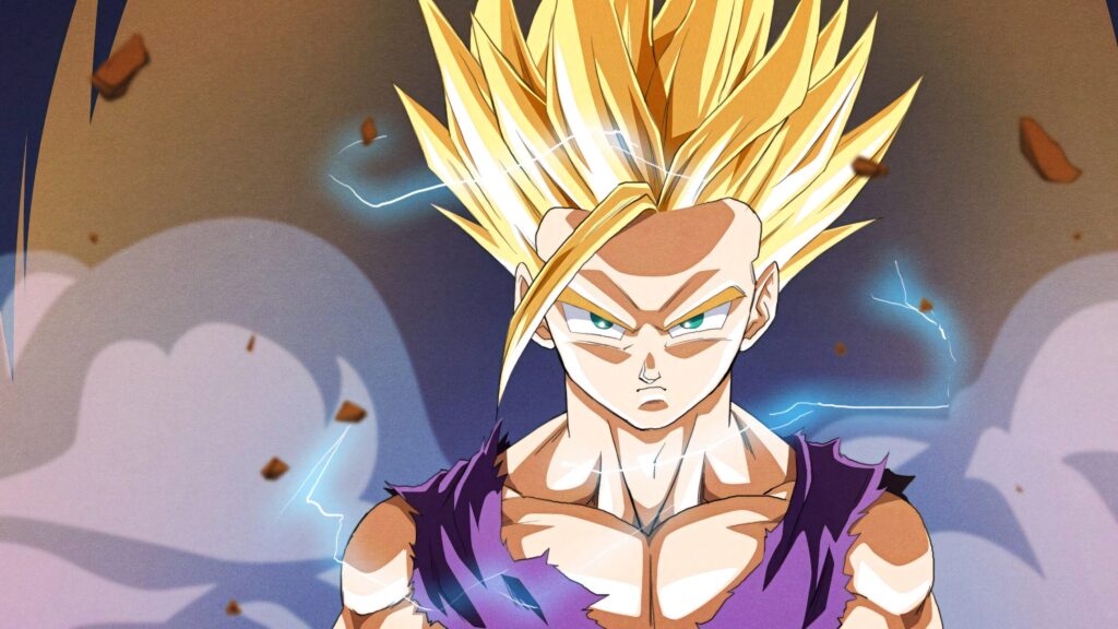 Gohan in Super Saiyan 2 form glowing with electric energy fierce focus Dragon Ball Z wallpaper background