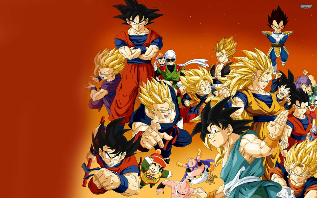 Dragon Ball Saiyan Characters Wallpaper: Vibrant Anime Collection on Orange Background
