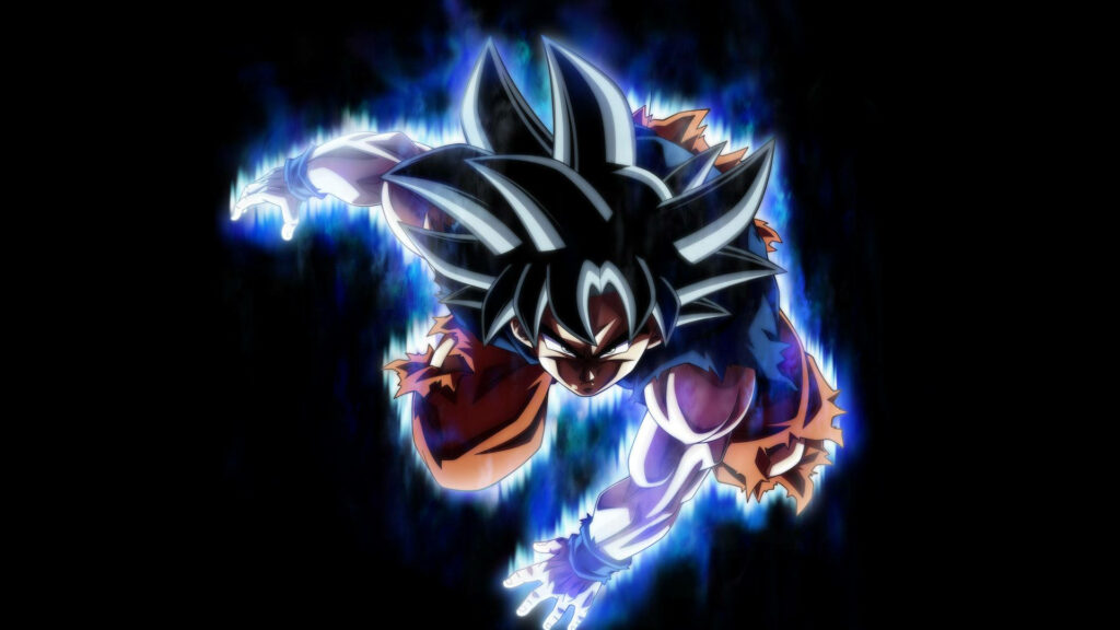 Goku glowing bright blue energy in powerful form with intense expression anime wallpaper background