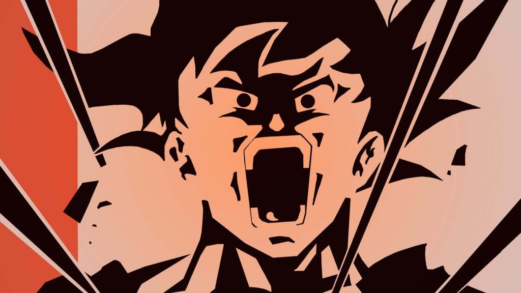 Minimalist high-contrast vector illustration of Goku screaming with dynamic diagonal action lines Wallpaper