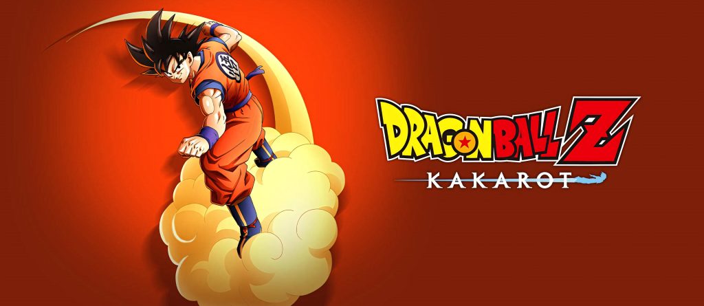 Goku in orange gi rides golden Flying Nimbus with Dragon Ball Z Kakarot game logo background Wallpaper