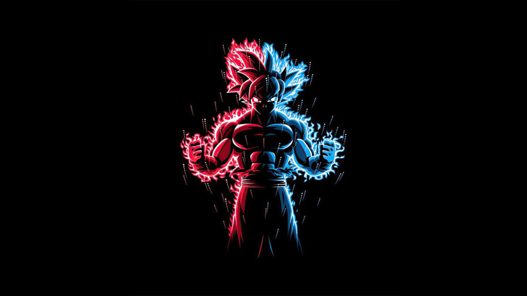 Goku Super Saiyan 4 powering up with red and blue energy aura against black background wallpaper