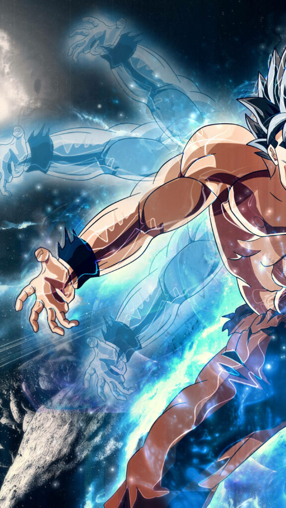 Goku unleashing Super Saiyan power with cosmic blue white hues in dynamic anime wallpaper background