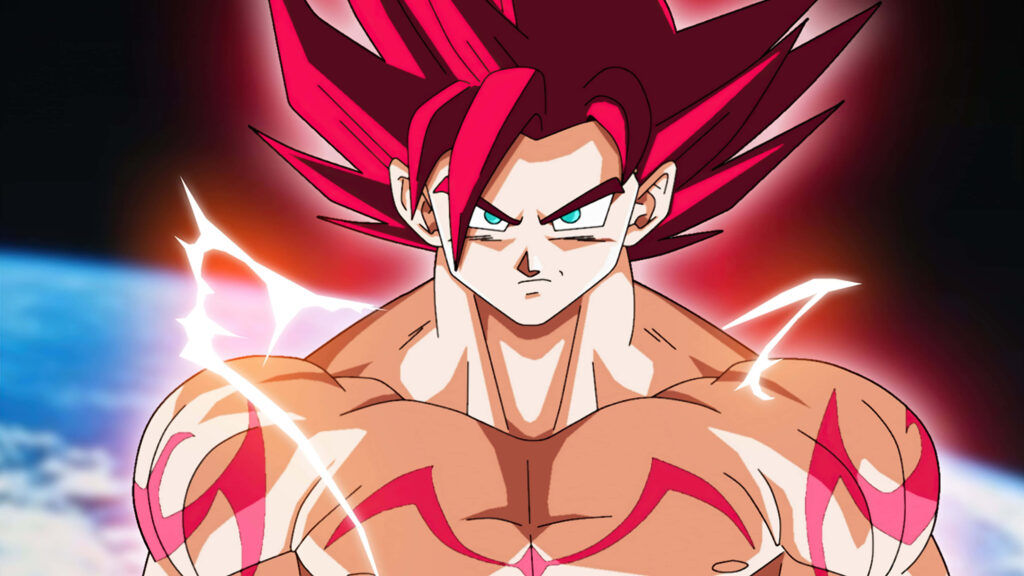 Goku Super Saiyan God red hair intense aura cosmic background Dragon Ball Super wallpaper