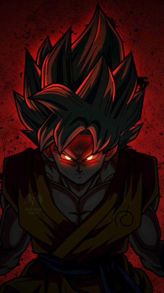 Goku anime wallpaper with red glowing eyes spiky hair intense red aura high contrast design