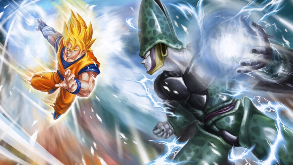 Goku and Cell fierce battle with crackling energy vivid blue lightning Dragon Ball Super fanart wallpaper