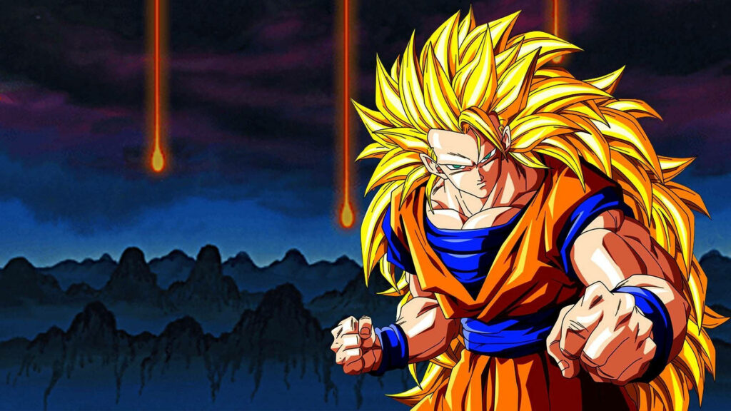 Goku Super Saiyan 3 with long golden hair glowing energy streaks dark mountain landscape wallpaper