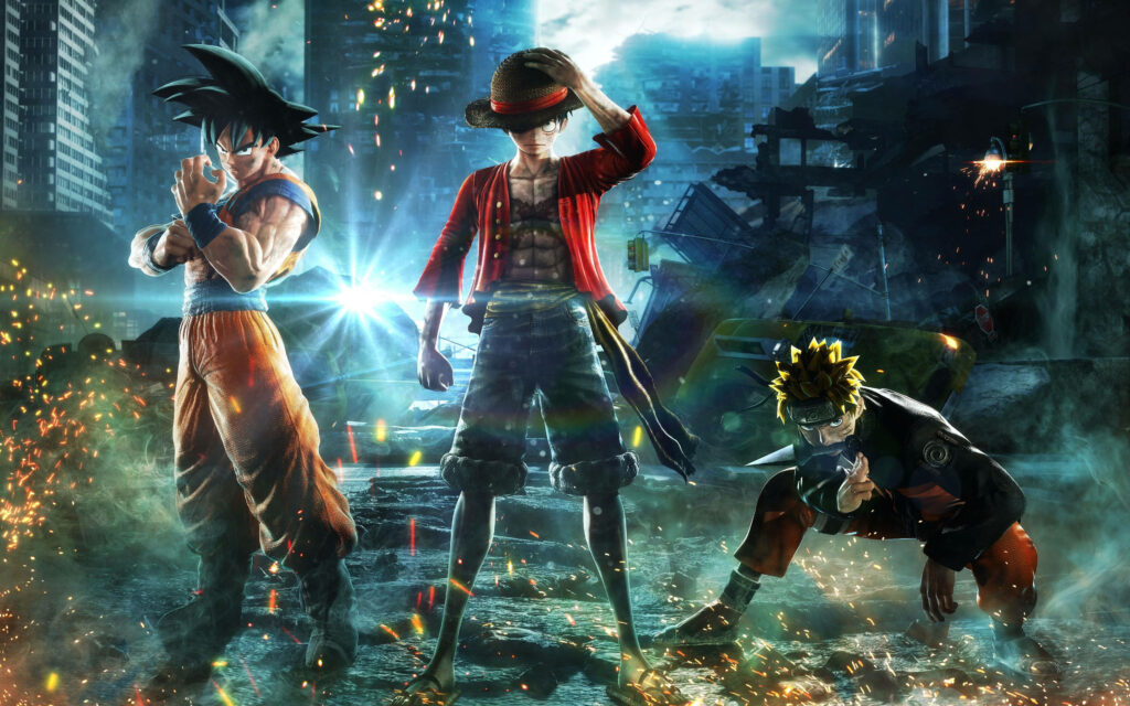 Powerful Anime Icons Unite: Goku, Luffy, and Naruto Standing Tall Together - Mesmerizing 4K Ultra HD Goku Background Wallpaper