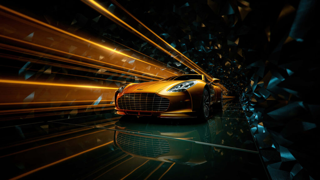 Gold Aston Martin racing through futuristic tunnel with dynamic golden light streams wallpaper