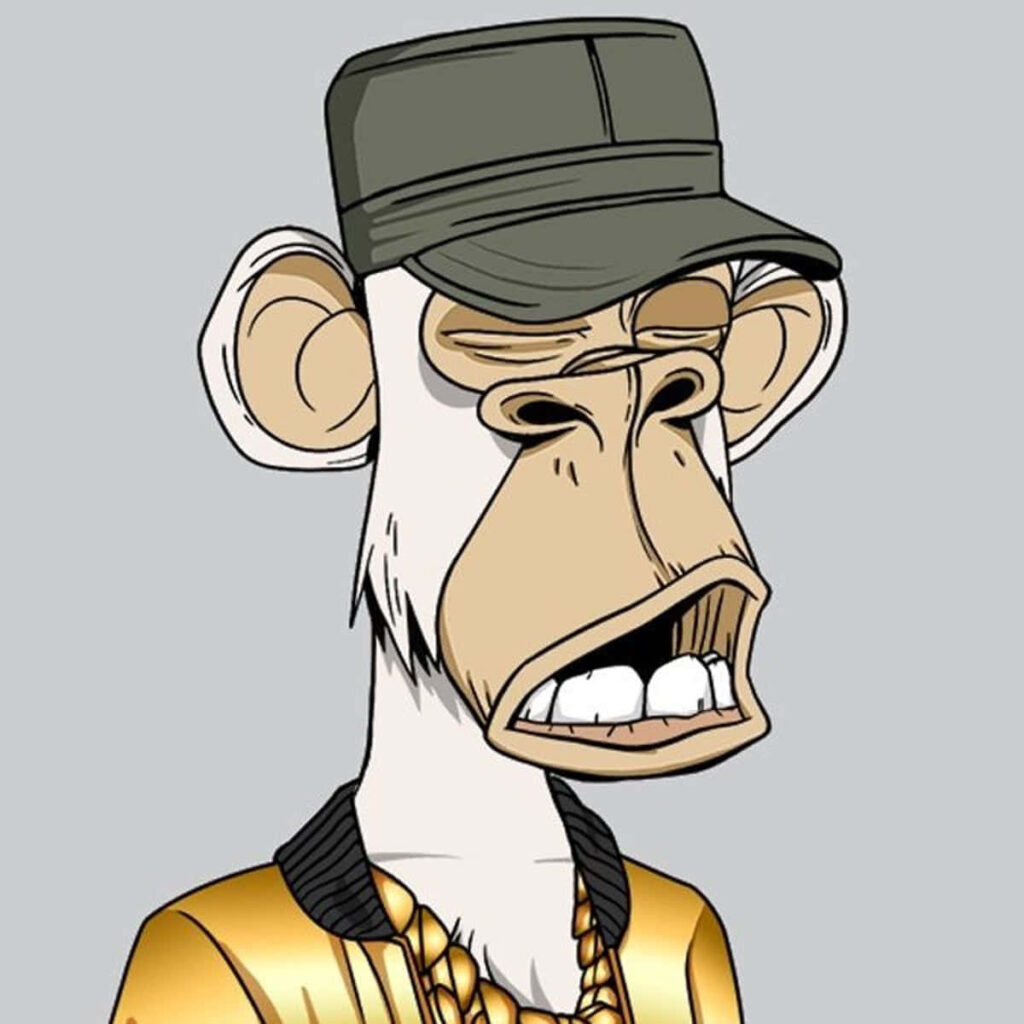 NFT monkey digital art wallpaper with gold chain jacket and green cap collectible design