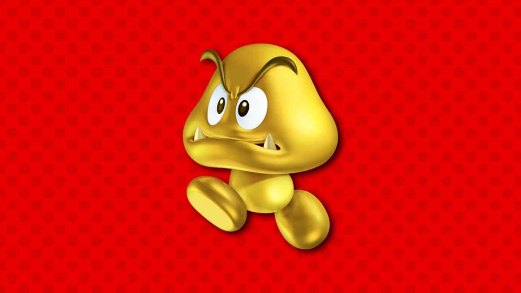 Gold Goomba CGI wallpaper on textured red background perfect for Super Mario fans desktop