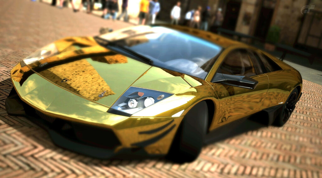 Gold Lamborghini sports car gliding on sunlit city street with reflective sleek metallic finish Wallpaper