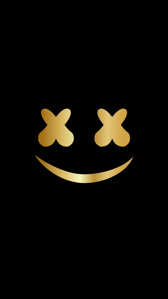 Gold Marshmello smiley phone wallpaper with metallic DJ mask on black minimalist background
