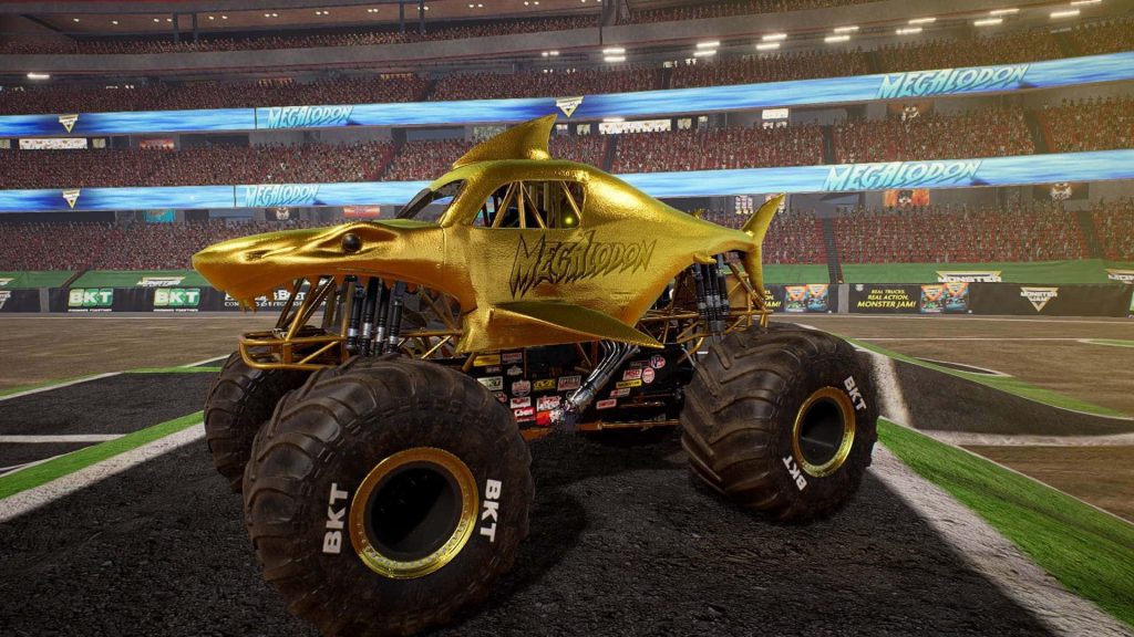 Gold Megalodon monster truck in stadium CGI digital art perfect racing fan wallpaper background