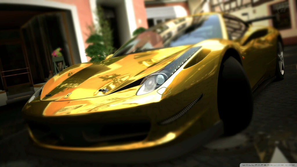 Gold sports car gleaming in sunlight with sleek design against luxury urban wallpaper background