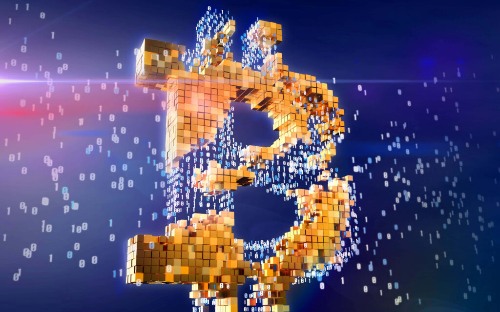 3D golden Bitcoin symbol made of digital blocks on blue binary code background digital currency wallpaper