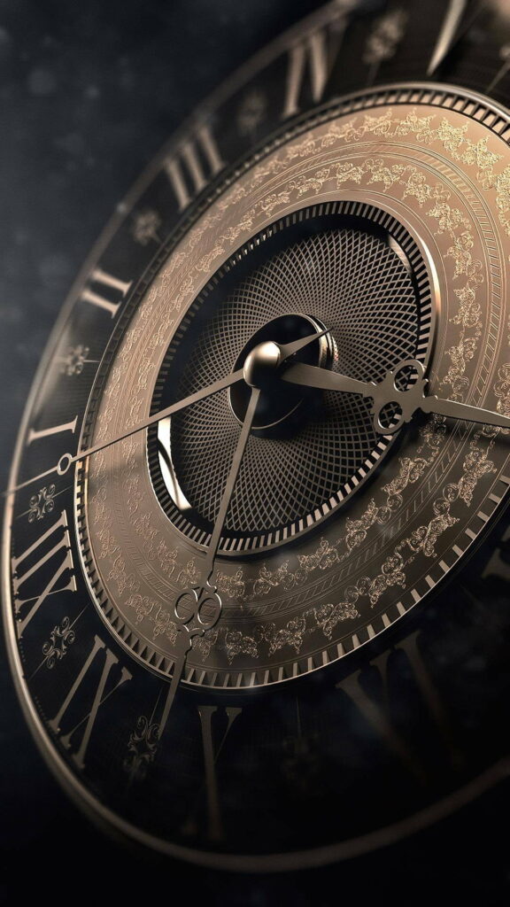 Luxurious golden clock face with Roman numerals and filigree on dark 3D digital wallpaper