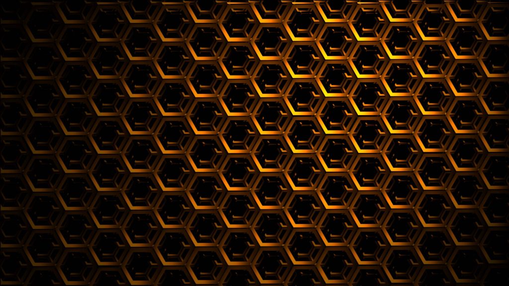 3D golden metal mesh hexagon pattern wallpaper with warm glowing highlights on dark background