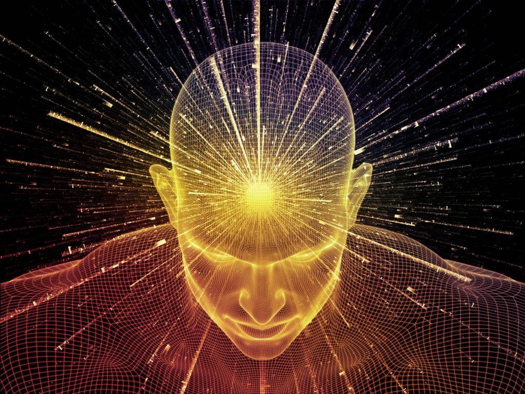 3D wireframe golden human head glowing with wisdom on cosmic digital background wallpaper
