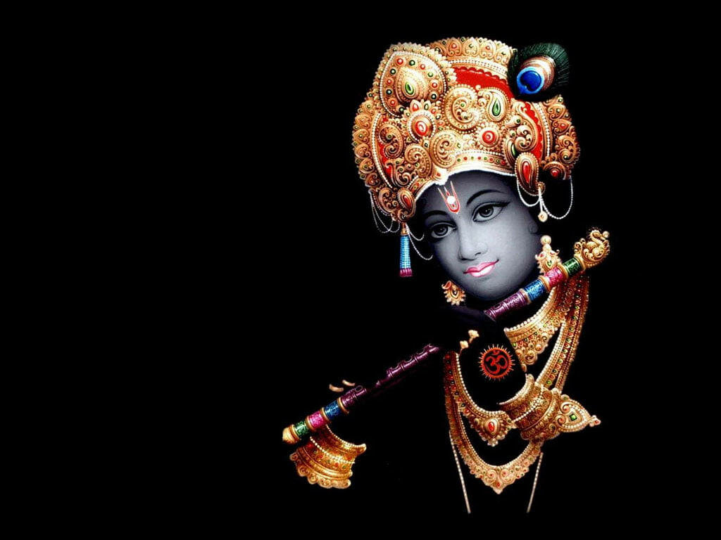 The Serene Splendor of Lord Krishna: A Minimalist Design Featuring a Golden-adorned Hindu Deity with a Bansuri Flute Wallpaper