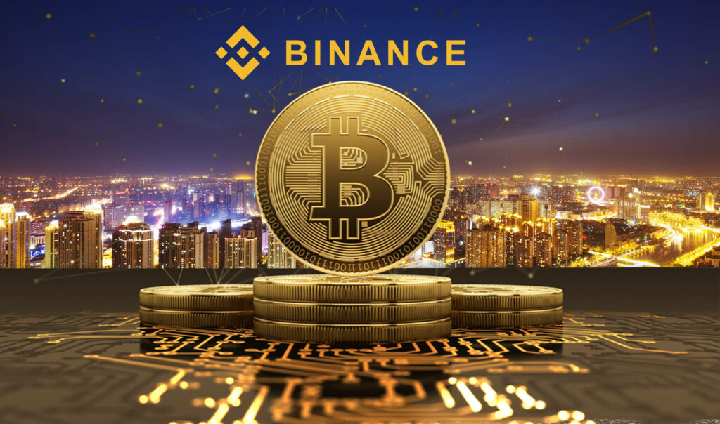 Stack of gold Binance coins against vibrant cityscape at night representing cryptocurrency power Wallpaper