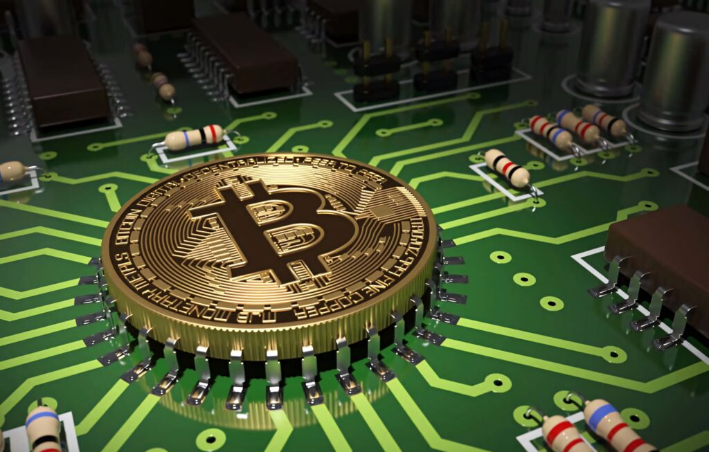 Golden Bitcoin symbol on green circuit board illustrating digital currency technology 4k wallpaper