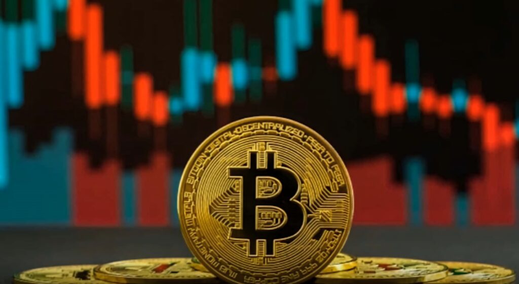 Golden Bitcoin coin with digital candlestick chart background symbolizing crypto investment Wallpaper