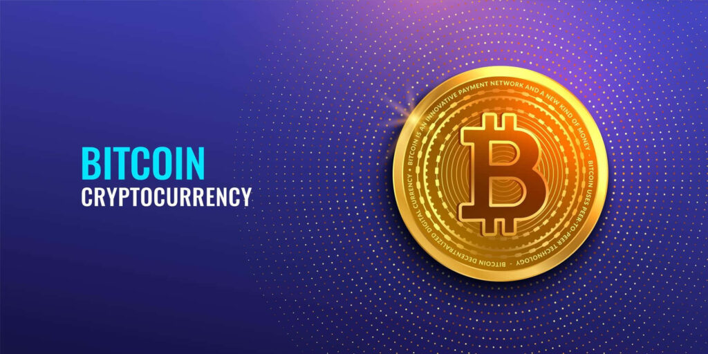 Digital artwork of a golden Bitcoin on blue background symbolizing blockchain and financial innovation Wallpaper