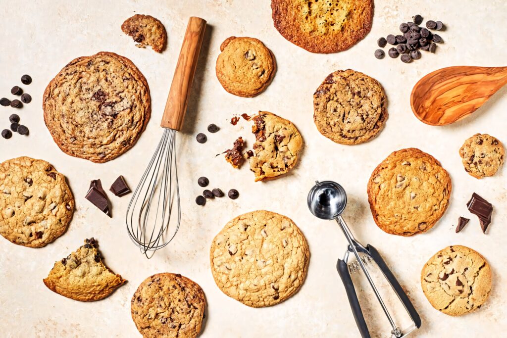 Golden chocolate chip cookies with baking tools on beige surface warm kitchen wallpaper background