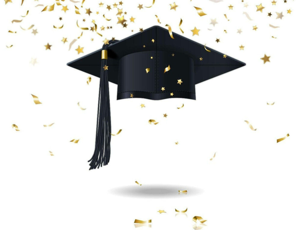 Elegantly Celebrating Achievements: Mesmerizing 3D Black Graduation Cap Embraces Golden Confetti, Casting Striking Shadows on Pristine White Background Wallpaper