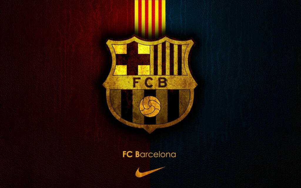 Golden Emblem of Barcelona FC on Dark Nike Wallpaper with Shades of Red and Blue