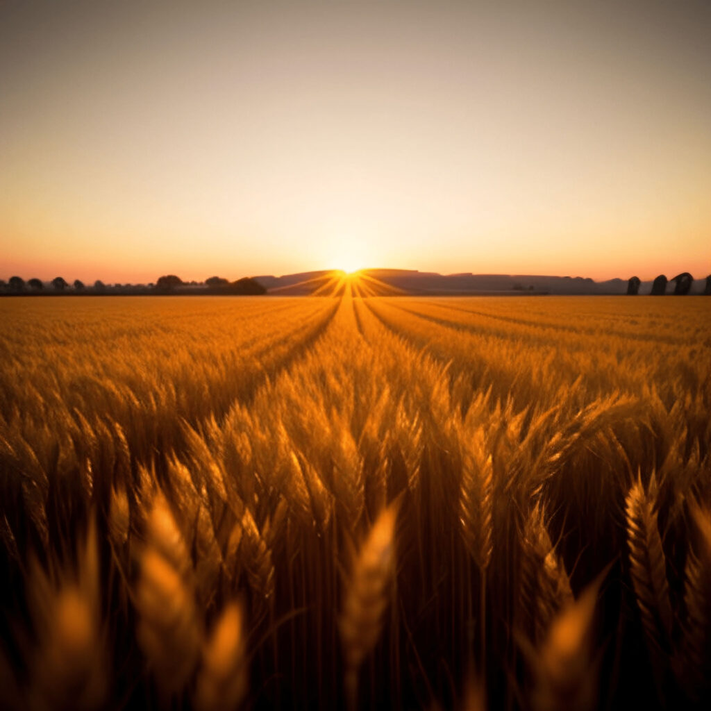 Golden cornfield at sunset with warm sunlight highlighting a peaceful rural landscape wallpaper