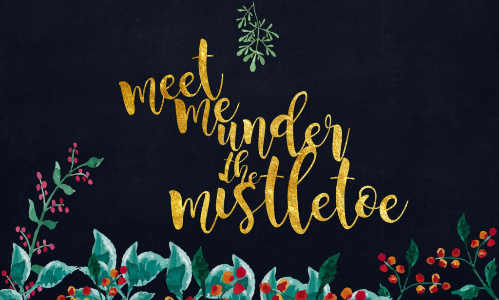 Mistletoe Magic: Embracing Love in a Golden Blue Christmas Wonderland Wallpaper