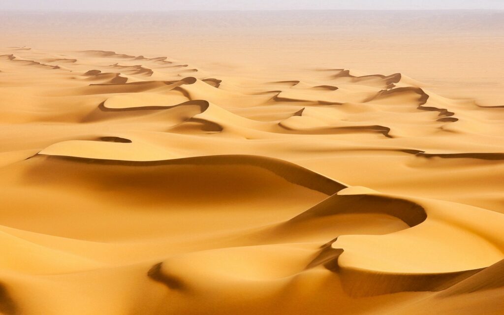 Vast desert landscape with golden sand dunes and wind patterns fading into distant mountains background Wallpaper